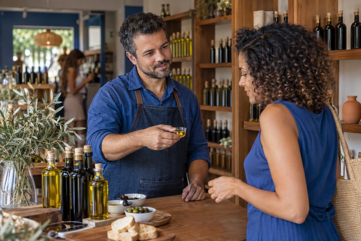 Atendente de camisa azul oferecendo um copinho de degustação de azeite a uma cliente numa loja com prateleiras de madeira cheias de garrafas de azeite e vinagre