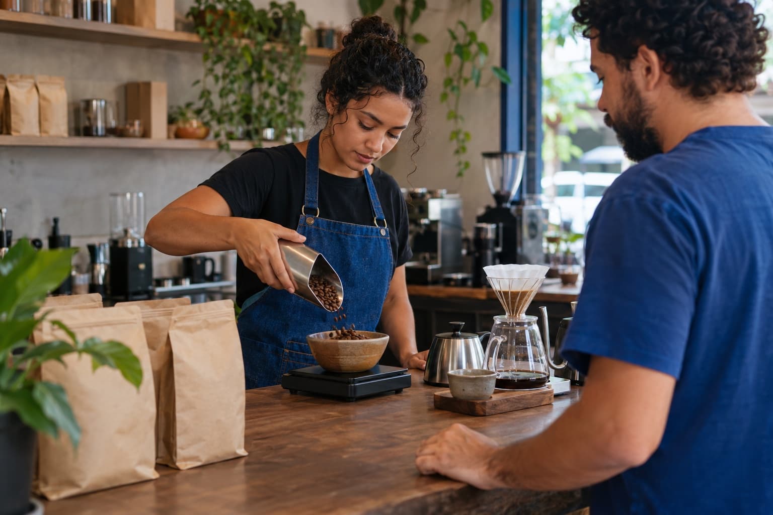 Barista de avental azul pesando grãos de café especial numa balança para um cliente numa loja com pacotes de café e equipamentos de coado