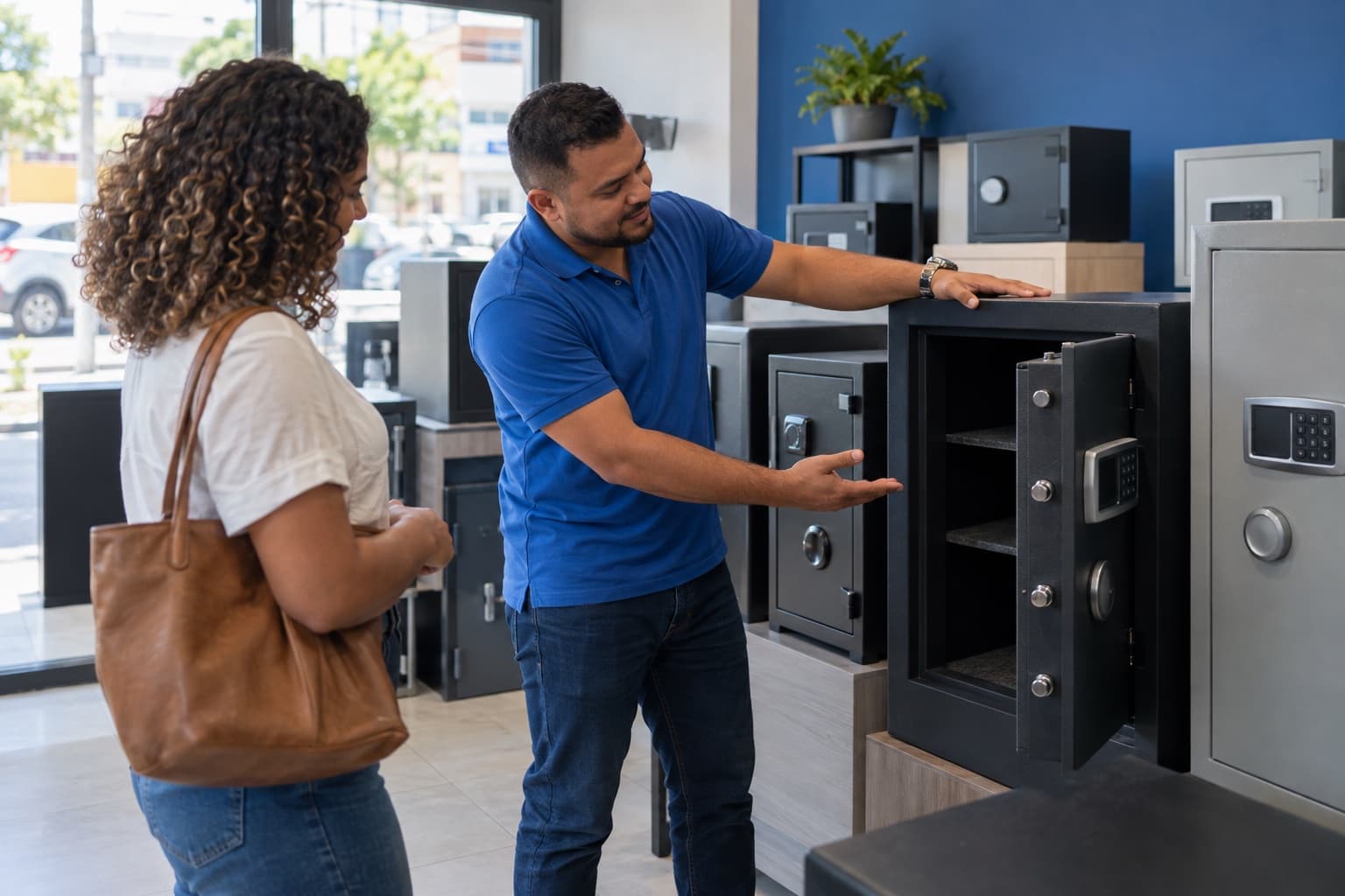 Vendedor de camisa polo azul mostrando a uma cliente a porta aberta de um cofre de aço com teclado eletrônico, com outros cofres de vários tamanhos no showroom