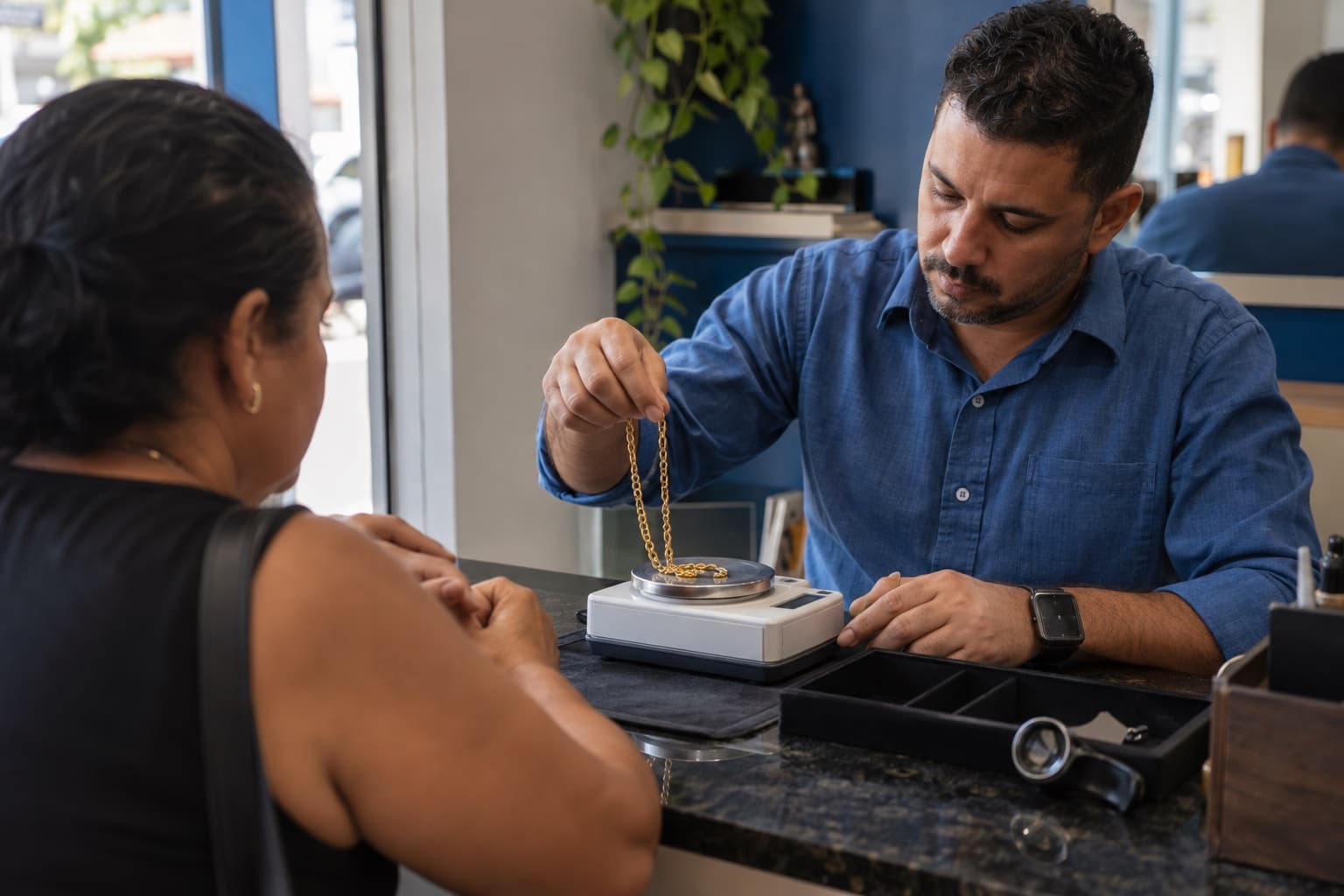 Atendente de camisa azul pesando uma corrente de ouro usada numa balança de precisão no balcão de uma loja de compra de ouro, com uma cliente sentada à frente