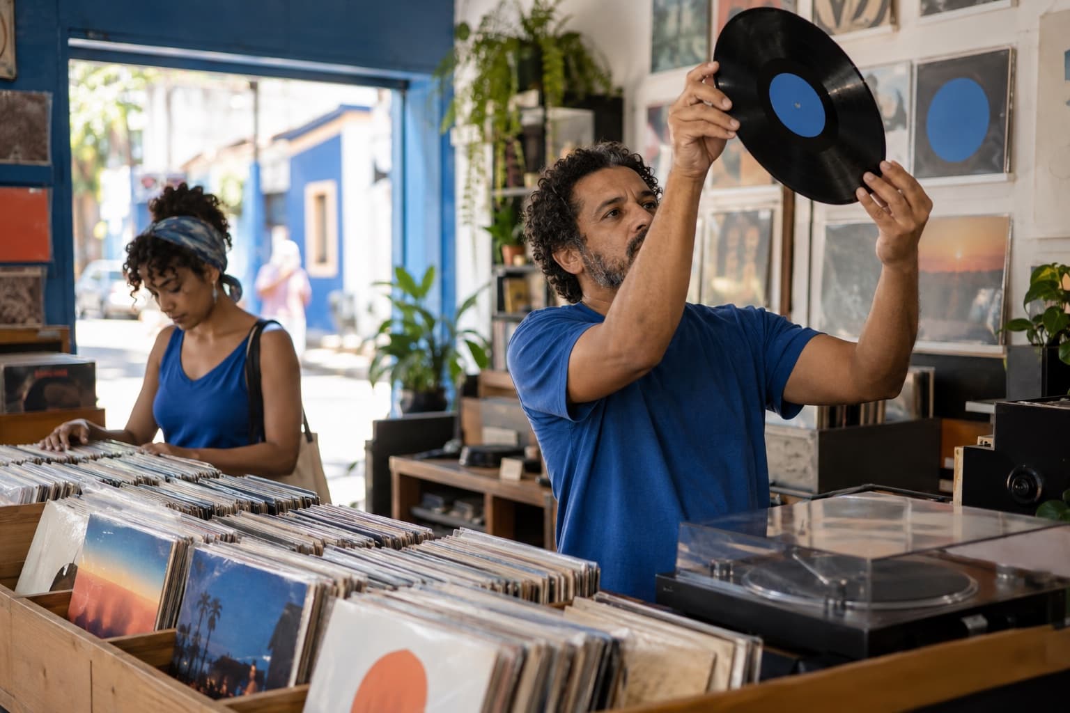 Loja de discos com caixotes de vinil, atendente de camisa azul conferindo um disco usado contra a luz enquanto um cliente procura nas prateleiras