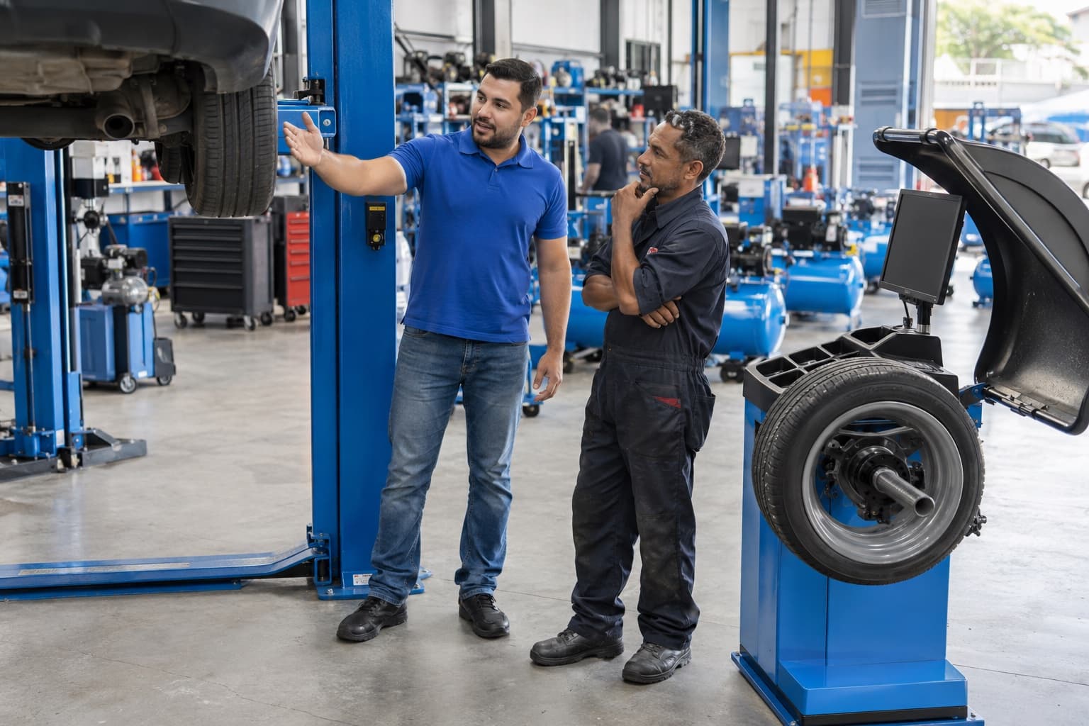 Vendedor de camisa polo azul mostrando um elevador automotivo e uma balanceadora a um mecânico numa loja de equipamentos para oficinas