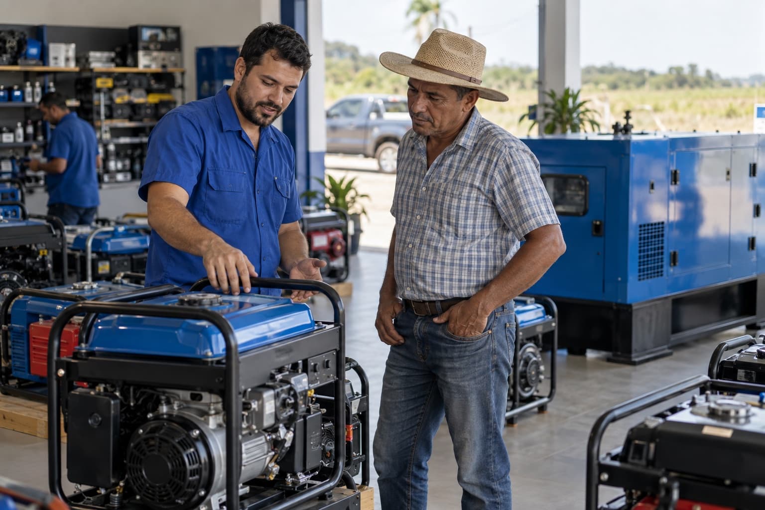 Vendedor de camisa azul explicando um gerador portátil a gasolina a um produtor rural de chapéu, com um grupo gerador a diesel azul ao fundo da loja