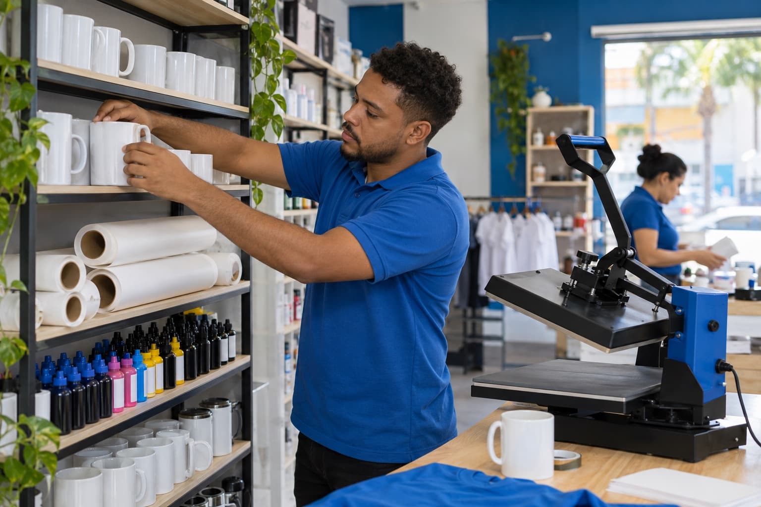 Balconista de camisa polo azul organizando canecas brancas, rolos de papel e tintas numa loja de insumos para sublimação, com uma prensa térmica no balcão