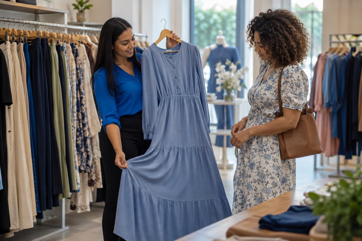 Vendedora de blusa azul mostrando um vestido longo azul a uma cliente numa loja de moda evangélica com araras de saias longas e vestidos