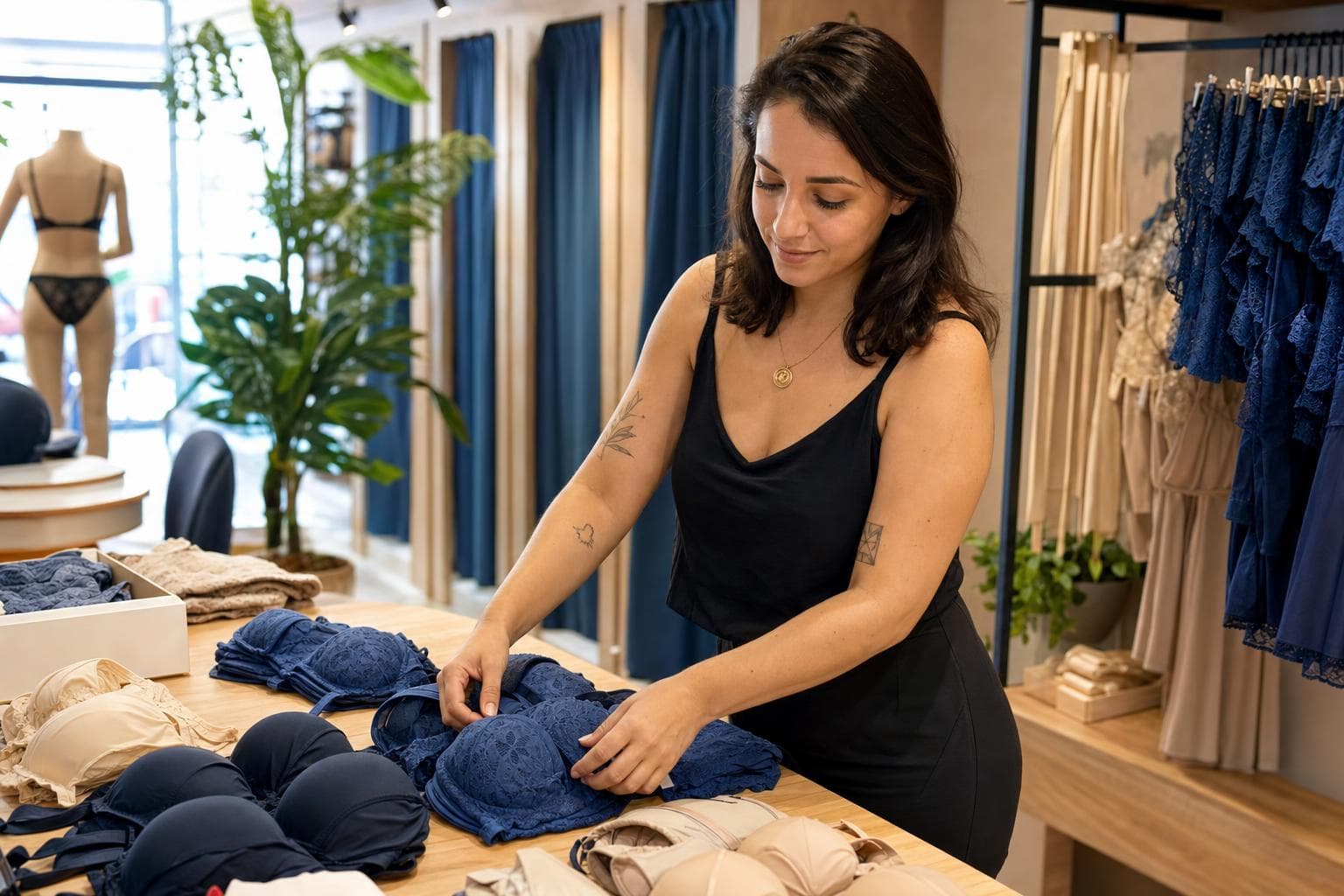 Vendedora organizando sutiãs por numeração em gavetas de uma loja de moda íntima
