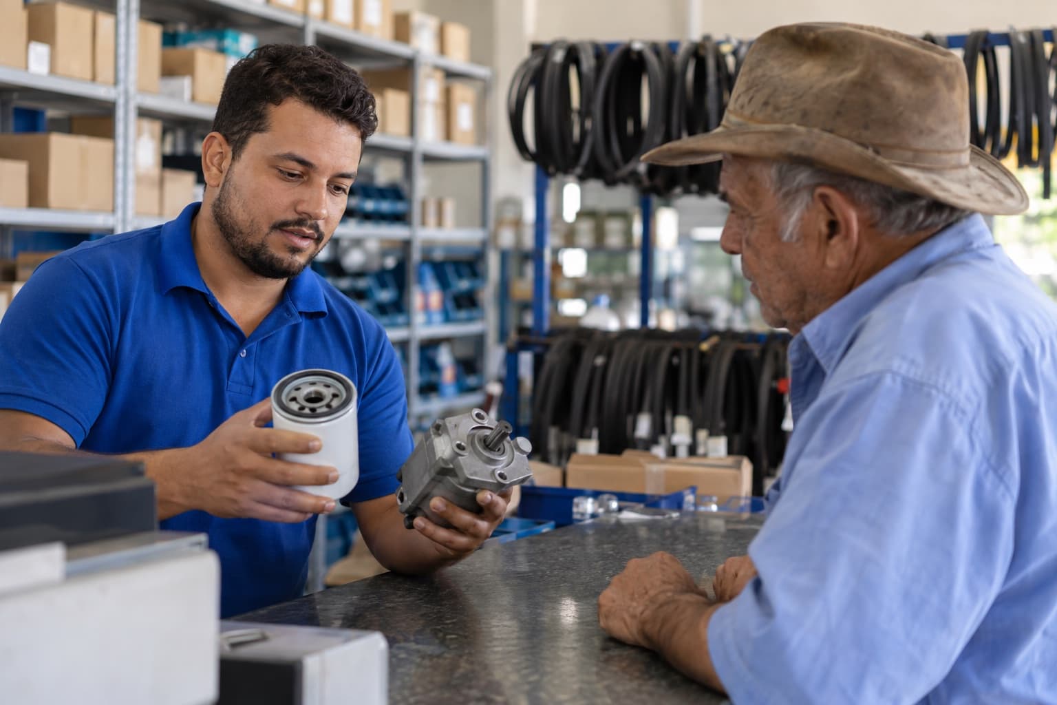 Balconista de polo azul mostrando um filtro de óleo e uma bomba hidráulica a um produtor de chapéu no balcão de uma loja de peças, com correias ao fundo