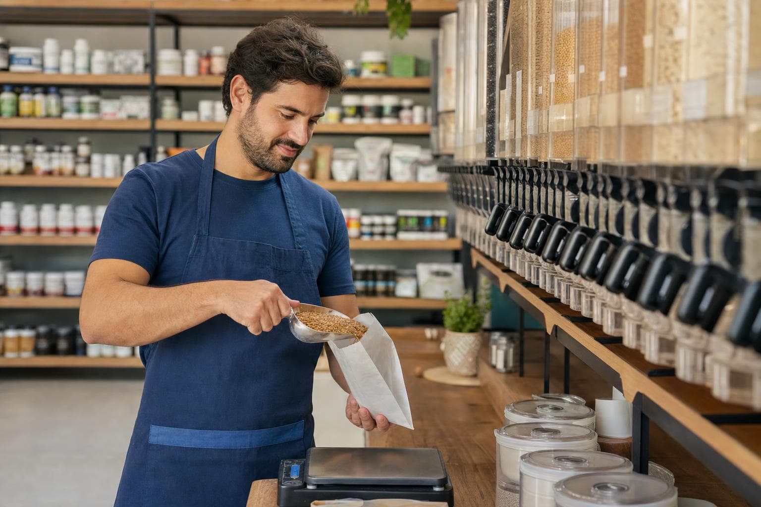 Atendente pesando castanhas retiradas de um pote a granel no balcão de uma loja de produtos naturais