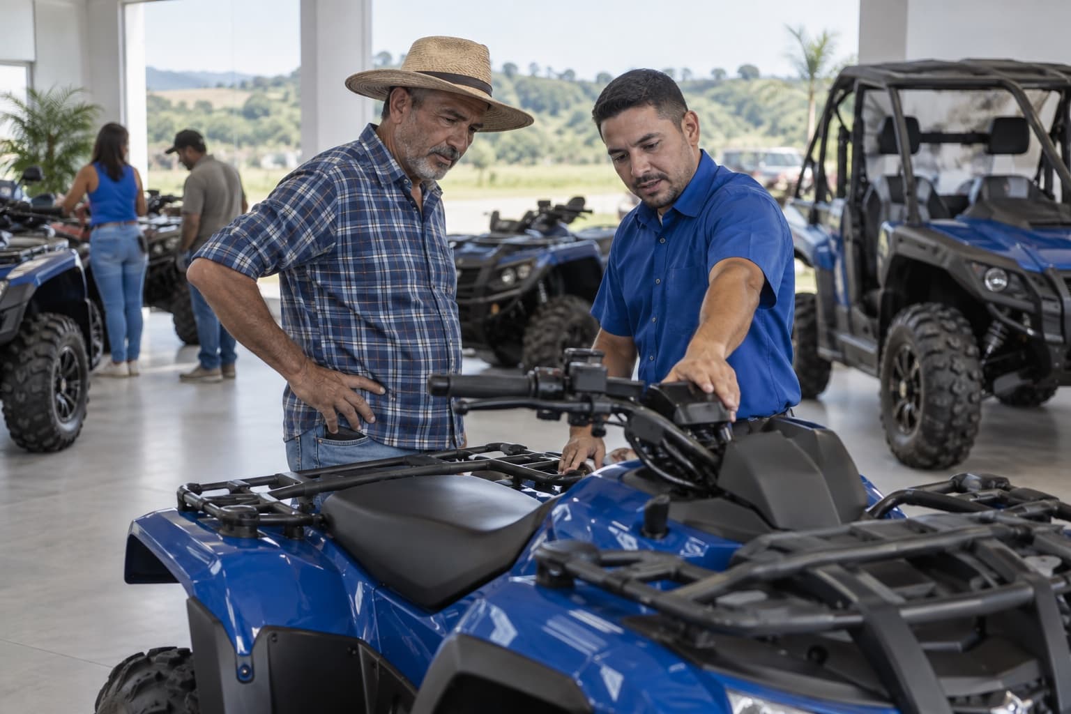 Showroom com quadriciclos e um UTV expostos, vendedor de camisa azul mostrando os comandos de um quadriciclo a um cliente