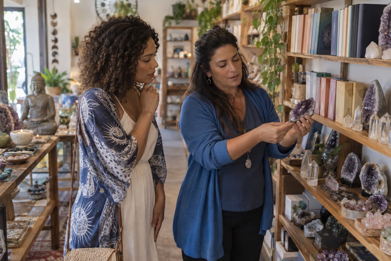 Vendedora de casaco azul mostrando uma drusa de ametista a uma cliente diante de prateleiras de madeira com cristais, incensos e livros