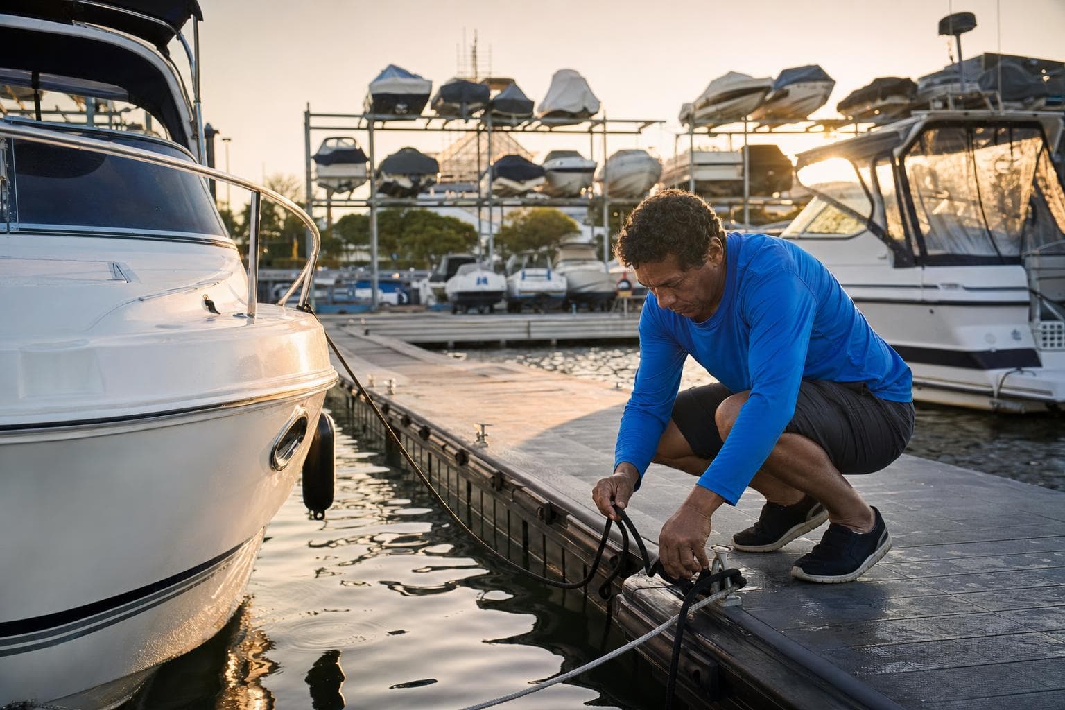 Marinheiro amarrando uma lancha em um píer flutuante de marina ao amanhecer