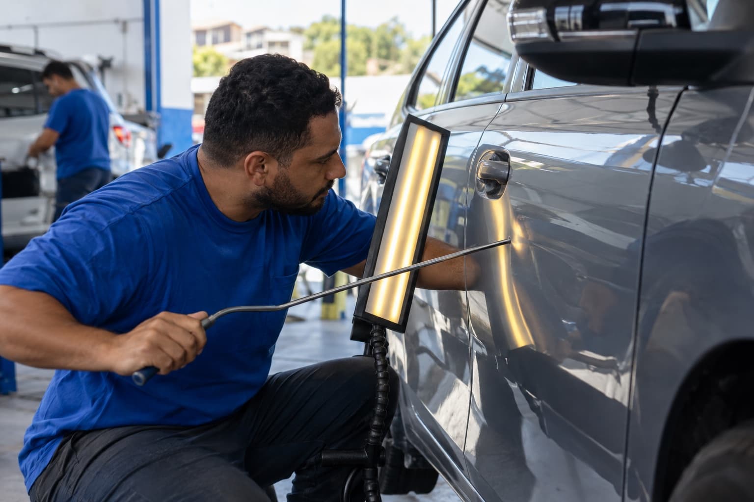 Técnico de camisa azul usando uma haste metálica e um painel de luz refletora para desamassar a porta de um carro sem pintura