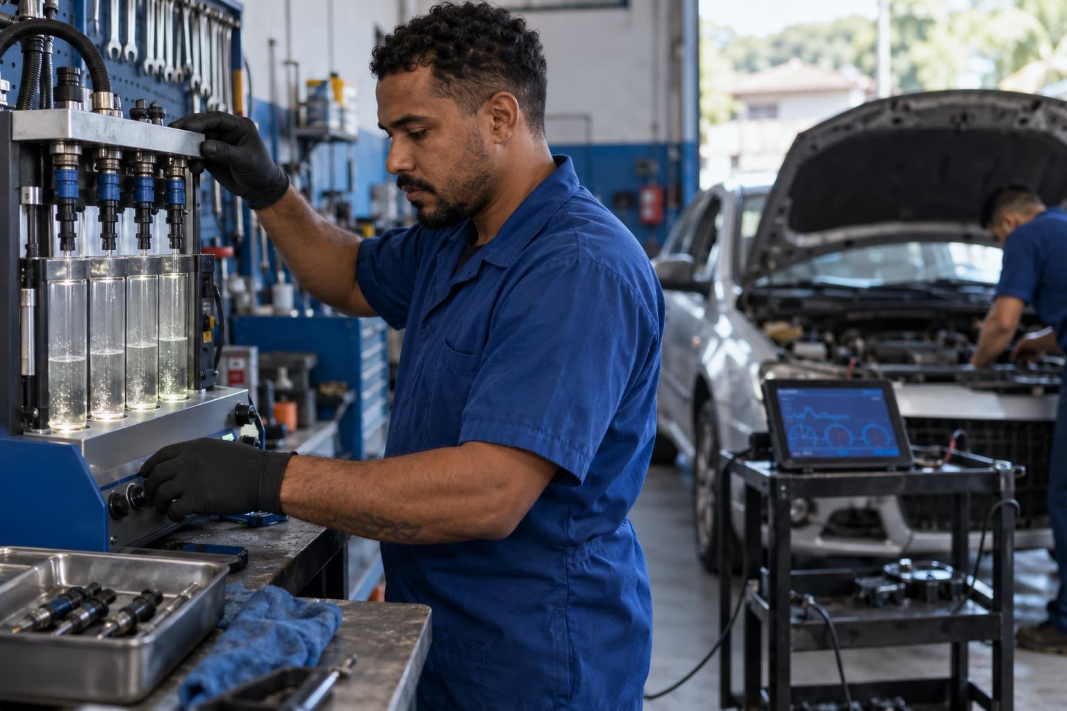 Mecânico testando bicos injetores numa bancada de limpeza com provetas de vidro, com um carro de capô aberto e um scanner ao fundo
