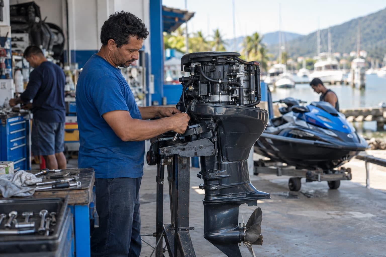 Mecânico náutico de camisa azul consertando um motor de popa preso num cavalete em uma oficina perto da marina, com jet ski ao fundo
