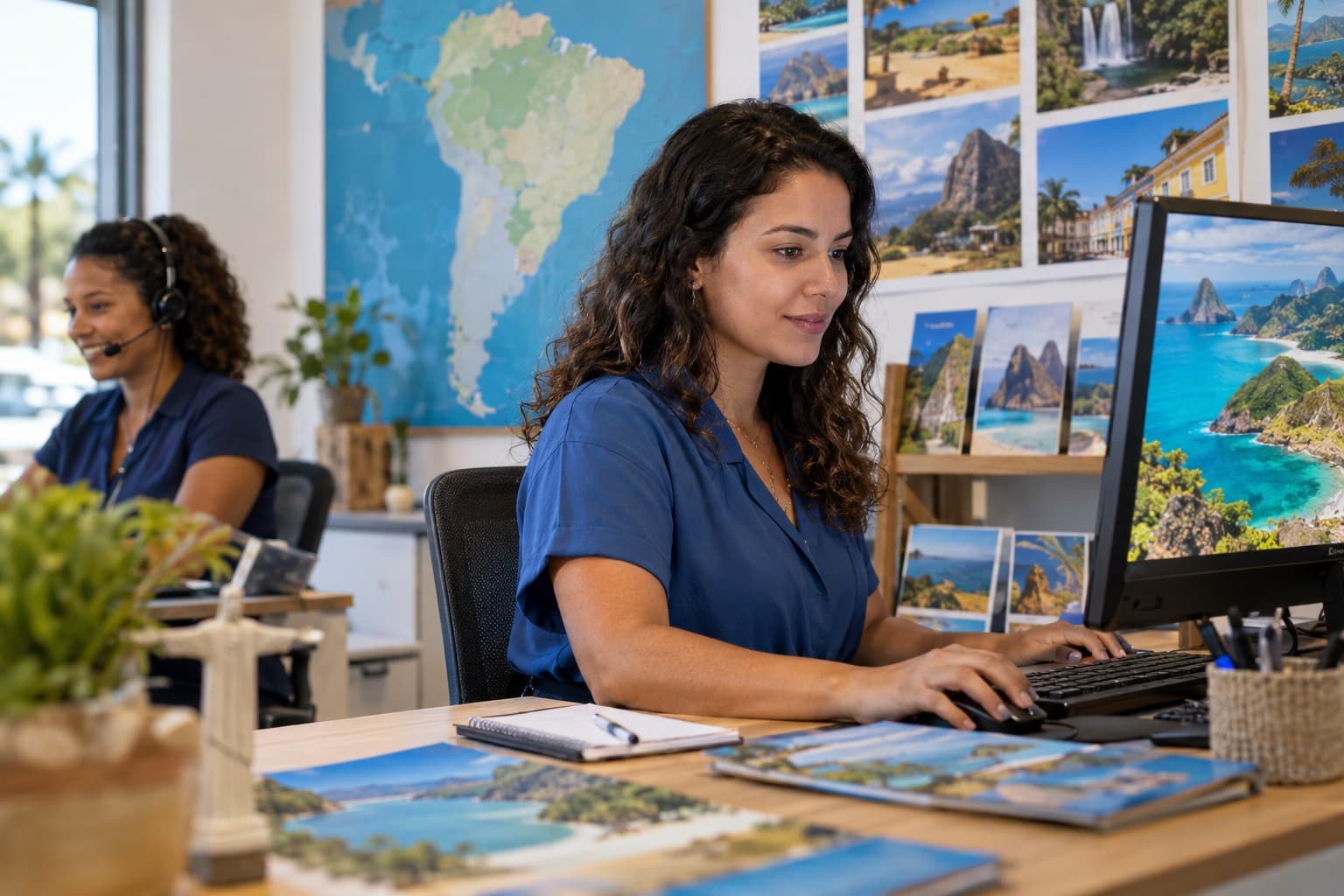 Escritório de operadora de turismo com uma funcionária montando pacotes no computador enquanto um colega fala ao headset, com folhetos de viagem e um mapa na parede