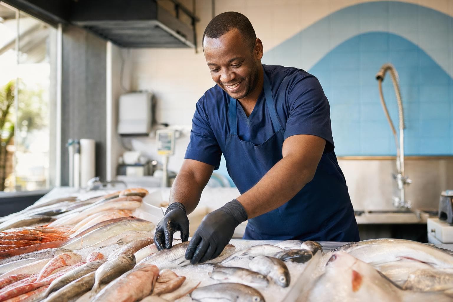 Peixeiro filetando um peixe sobre a bancada ao lado da vitrine de gelo