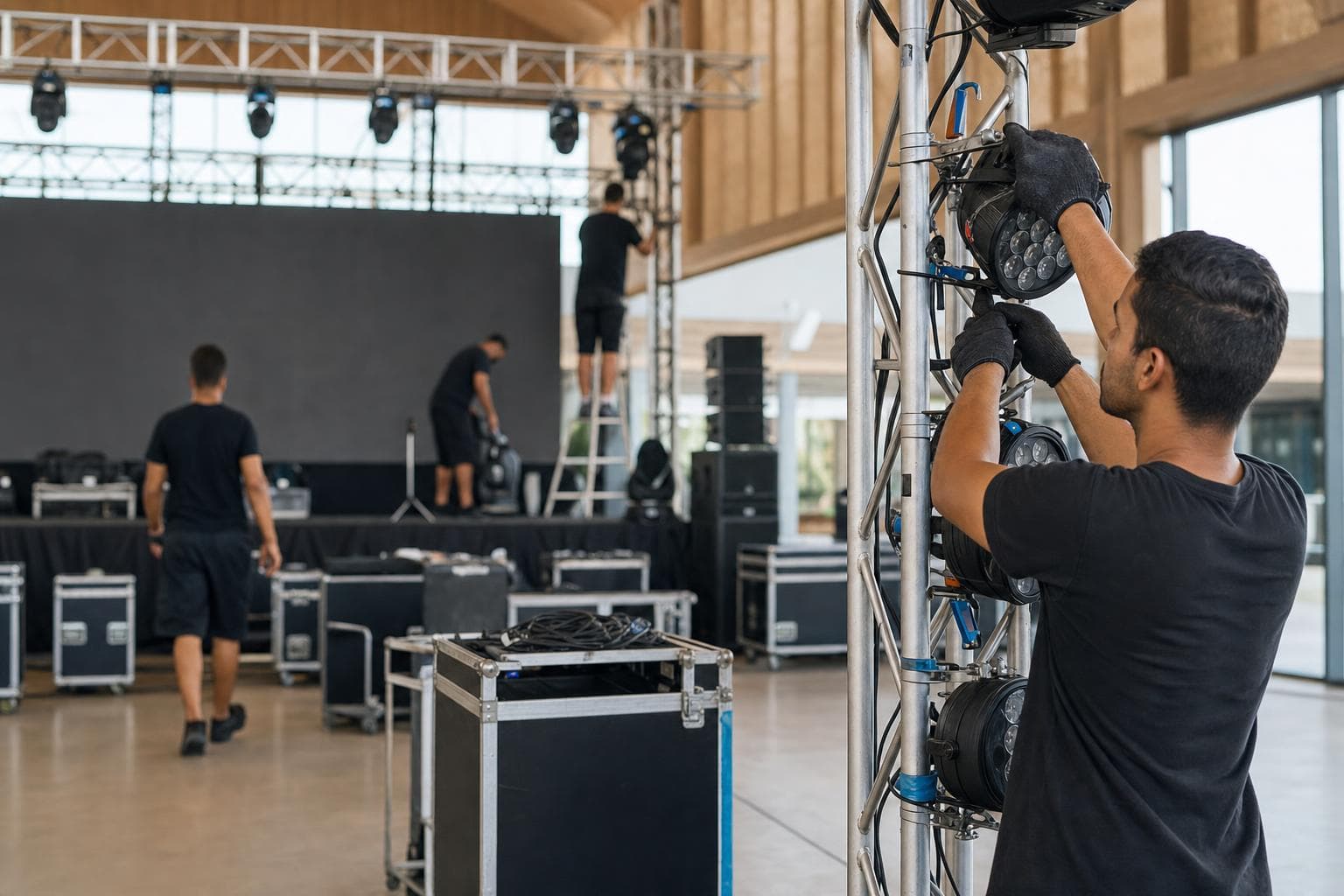 Equipe de produção montando estrutura e mesas antes do início de um evento