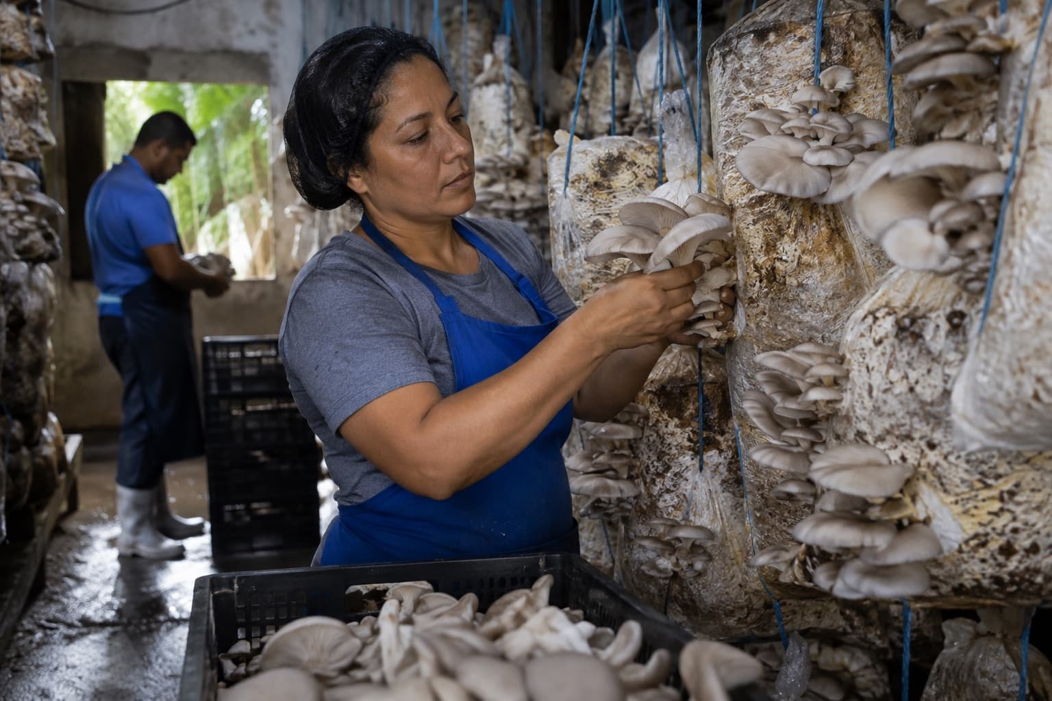 Produtora de avental azul colhendo cogumelos-ostra de sacos de substrato pendurados numa sala úmida de cultivo, com caixas de cogumelos colhidos
