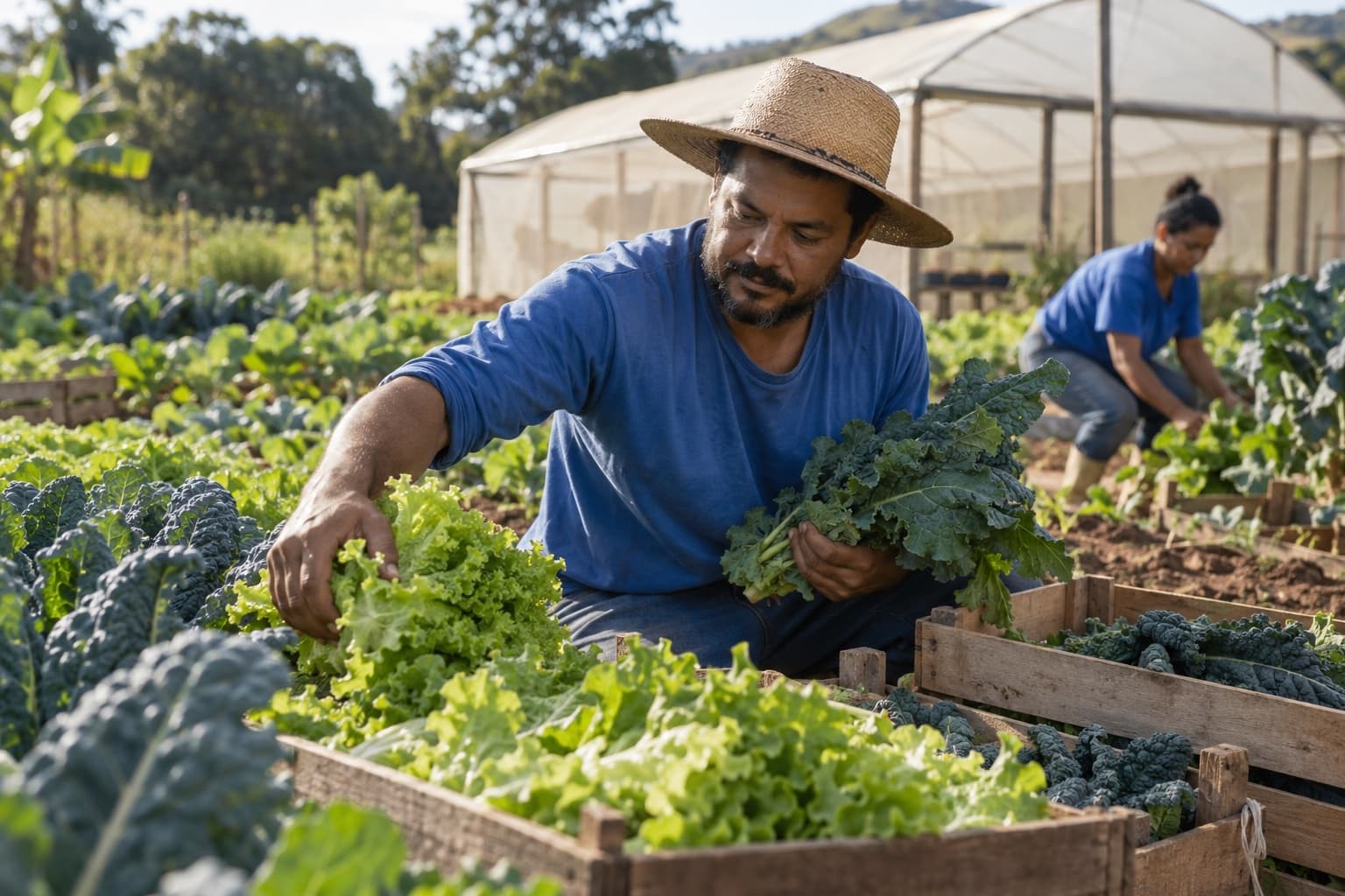 Agricultor de camisa azul colhendo alface e couve em caixas de madeira numa horta orgânica com estufa ao fundo