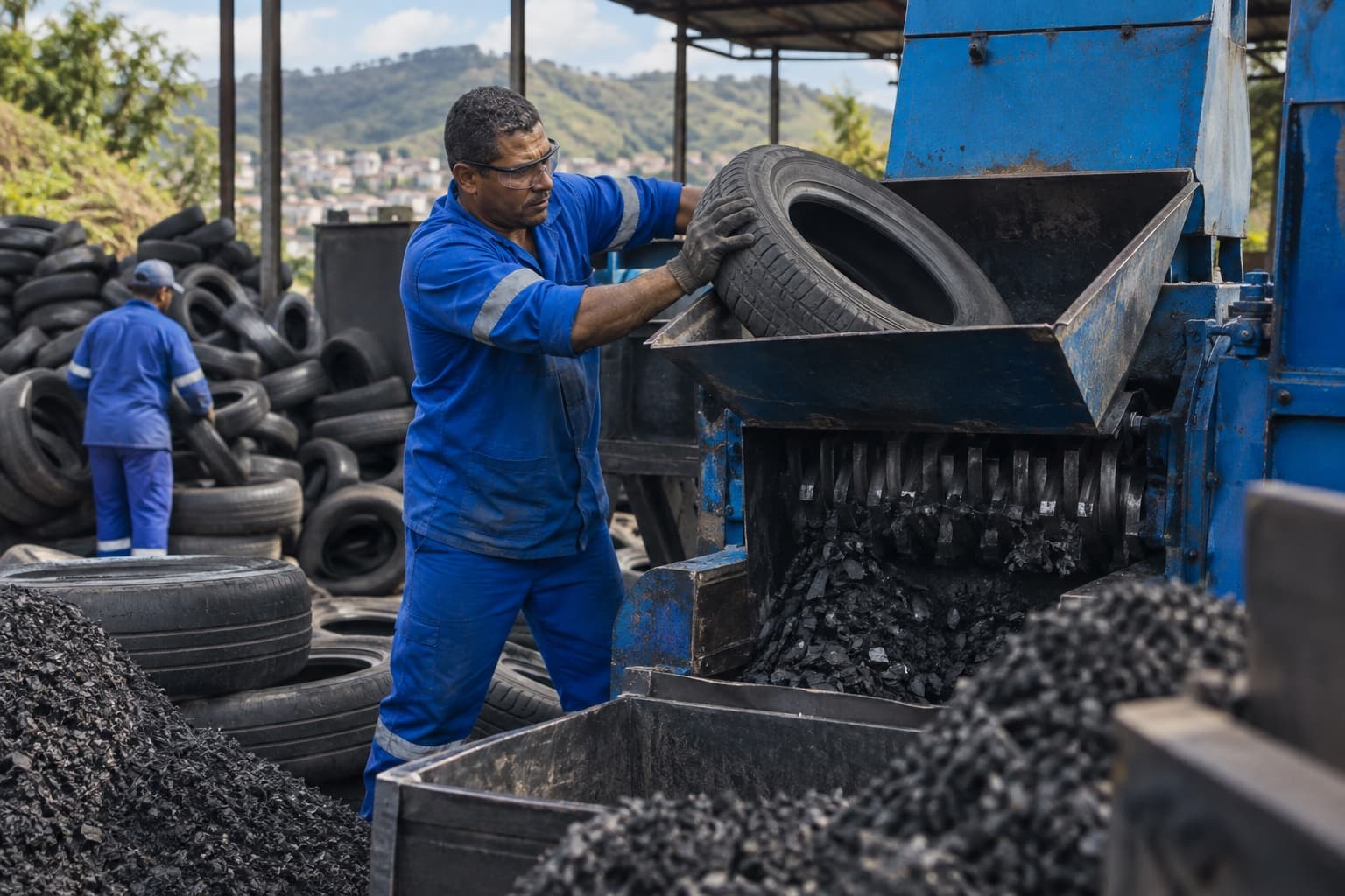 Trabalhador de macacão azul colocando pneus usados num triturador num pátio de reciclagem, com pilhas de pneus e montes de borracha granulada ao redor