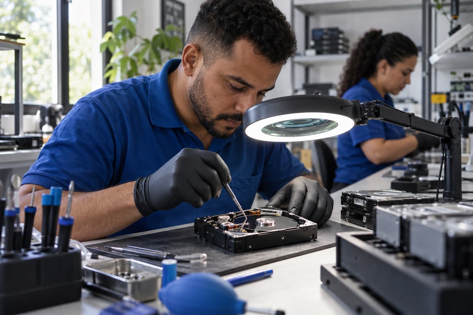 Técnico inspecionando um disco rígido aberto com ferramentas de precisão sob lupa iluminada em laboratório de recuperação de dados