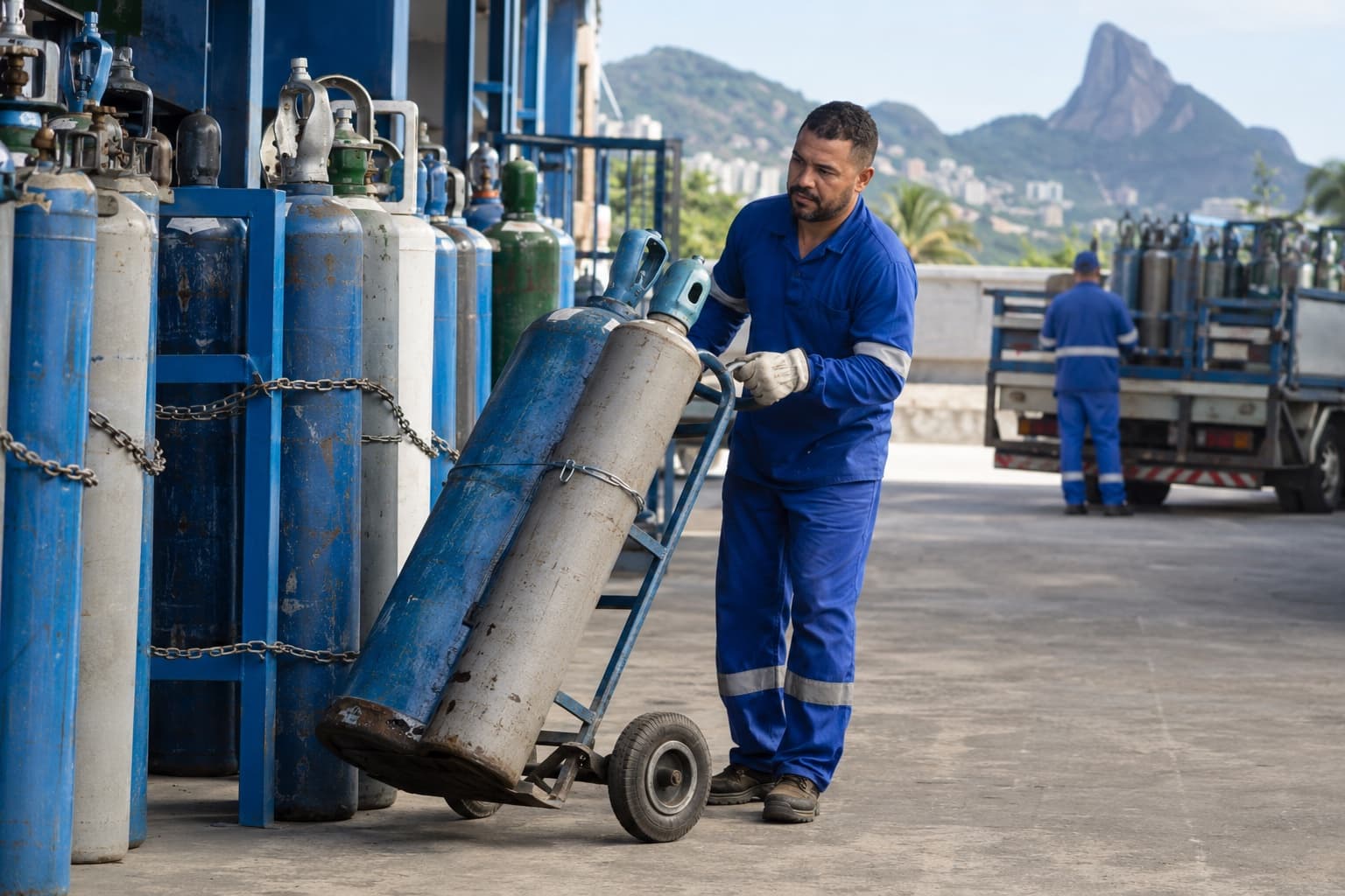 Trabalhador de macacão azul e luvas movendo cilindros de gás com um carrinho num pátio com cilindros presos em suporte