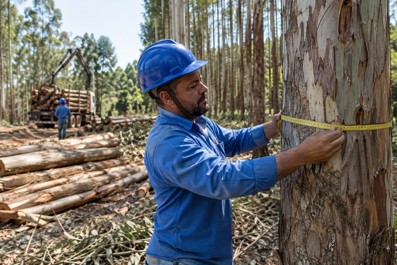 Trabalhador florestal de camisa azul e capacete medindo o diâmetro de tronco de eucalipto em floresta plantada com toras empilhadas ao lado