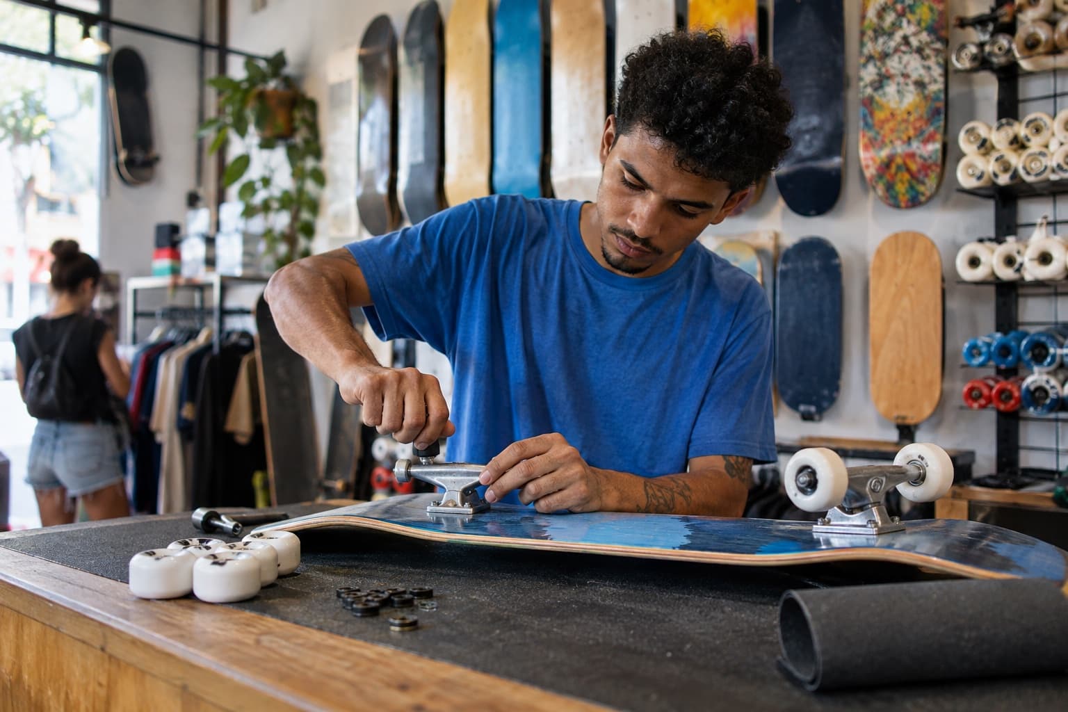 Balcão de skate shop com funcionário de camiseta azul montando um skate e fixando os trucks no shape, com rodas e shapes expostos na parede