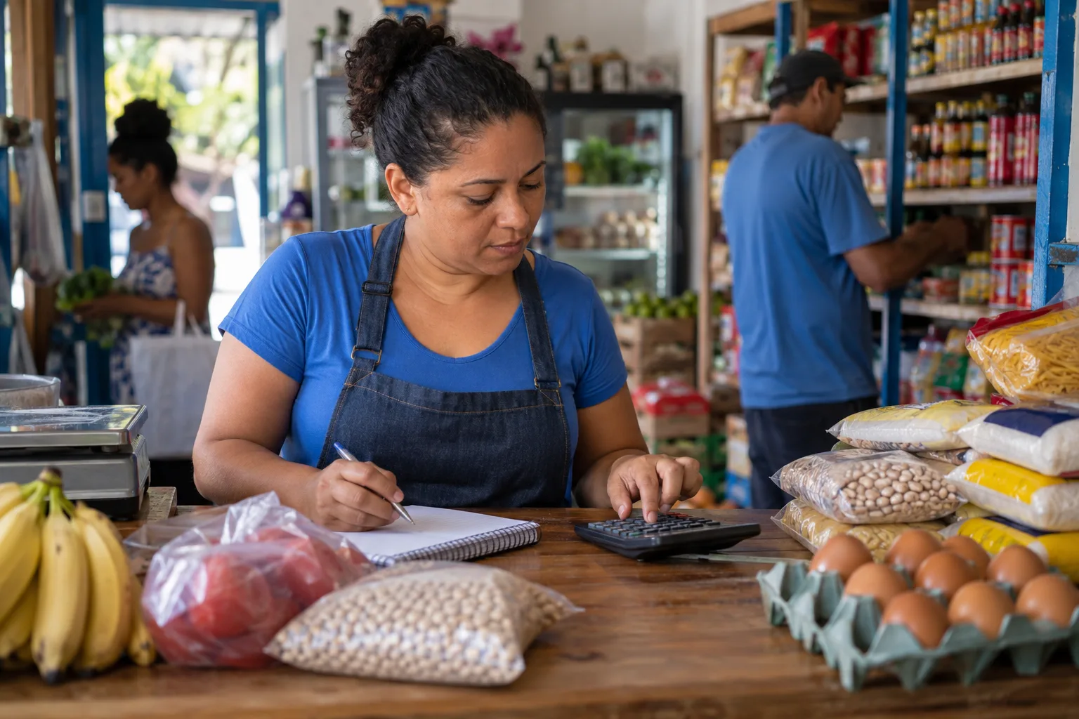 Dona de mercearia calcula preços de venda com calculadora e caderno no balcão