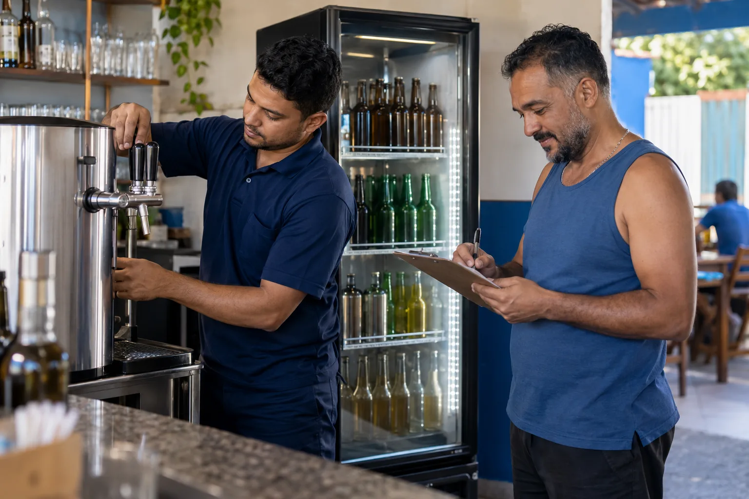 Técnico de distribuidora instala chopeira em comodato no balcão de um bar enquanto o dono assina o recibo de entrega