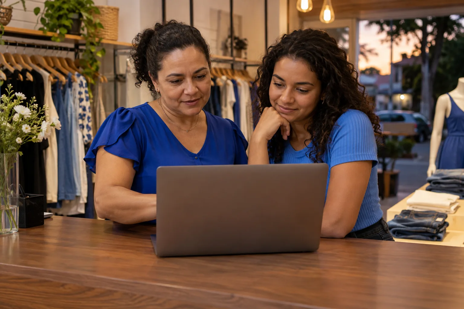 Gerente de uma loja de roupas e uma vendedora conferem números no notebook no balcão depois do expediente