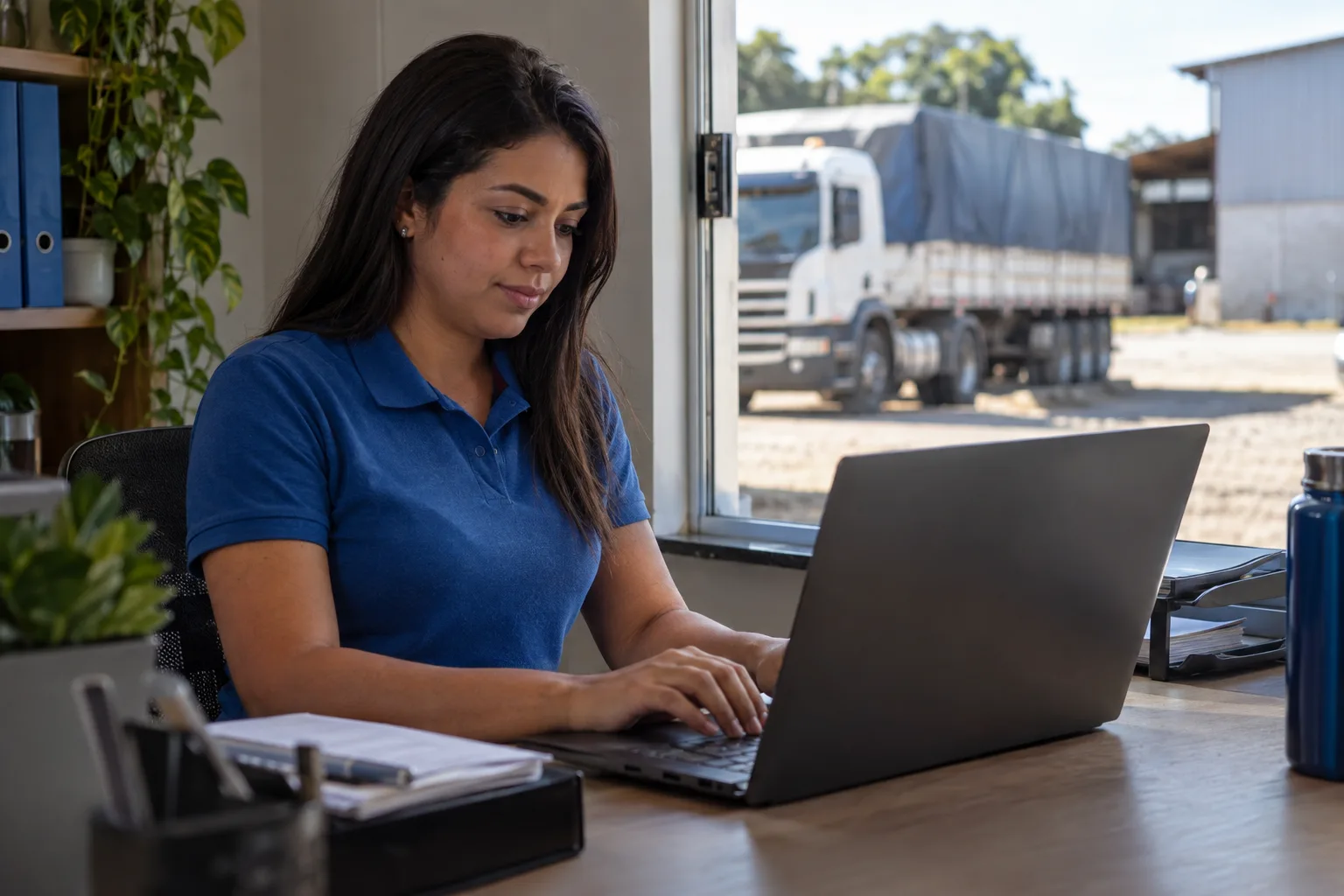 Assistente de transportadora digita no notebook ao lado da janela com um caminhão estacionado no pátio