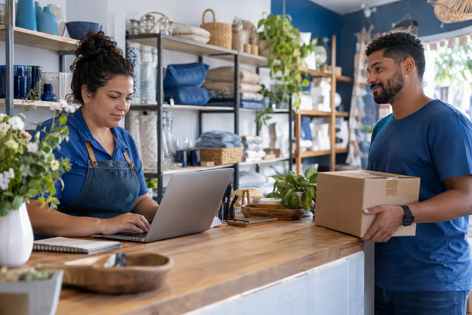Dona de loja de utilidades confere um pedido no notebook enquanto o cliente espera com a caixa