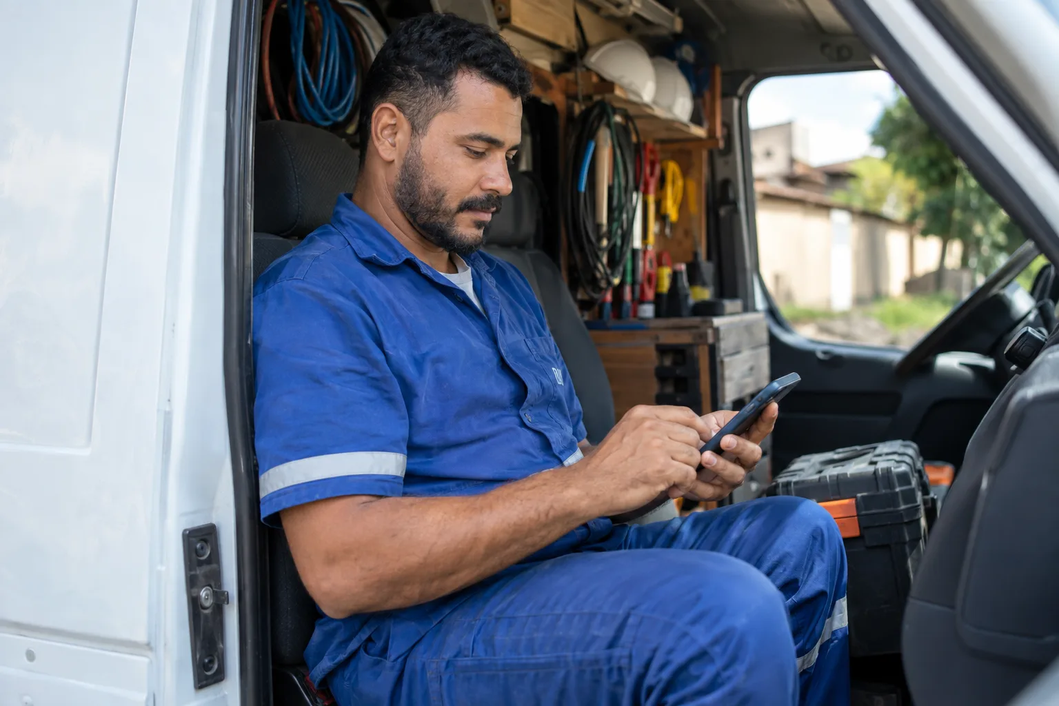Eletricista autônomo sentado na porta da van usa o celular, com ferramentas organizadas ao fundo
