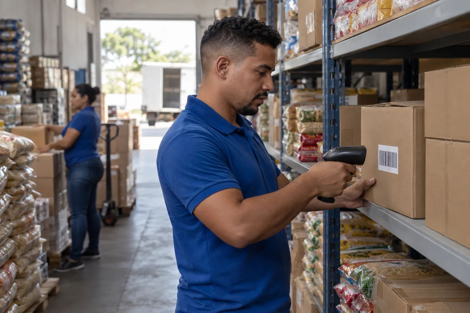 Funcionário de uma distribuidora lê o código de barras de uma caixa com leitor portátil entre prateleiras