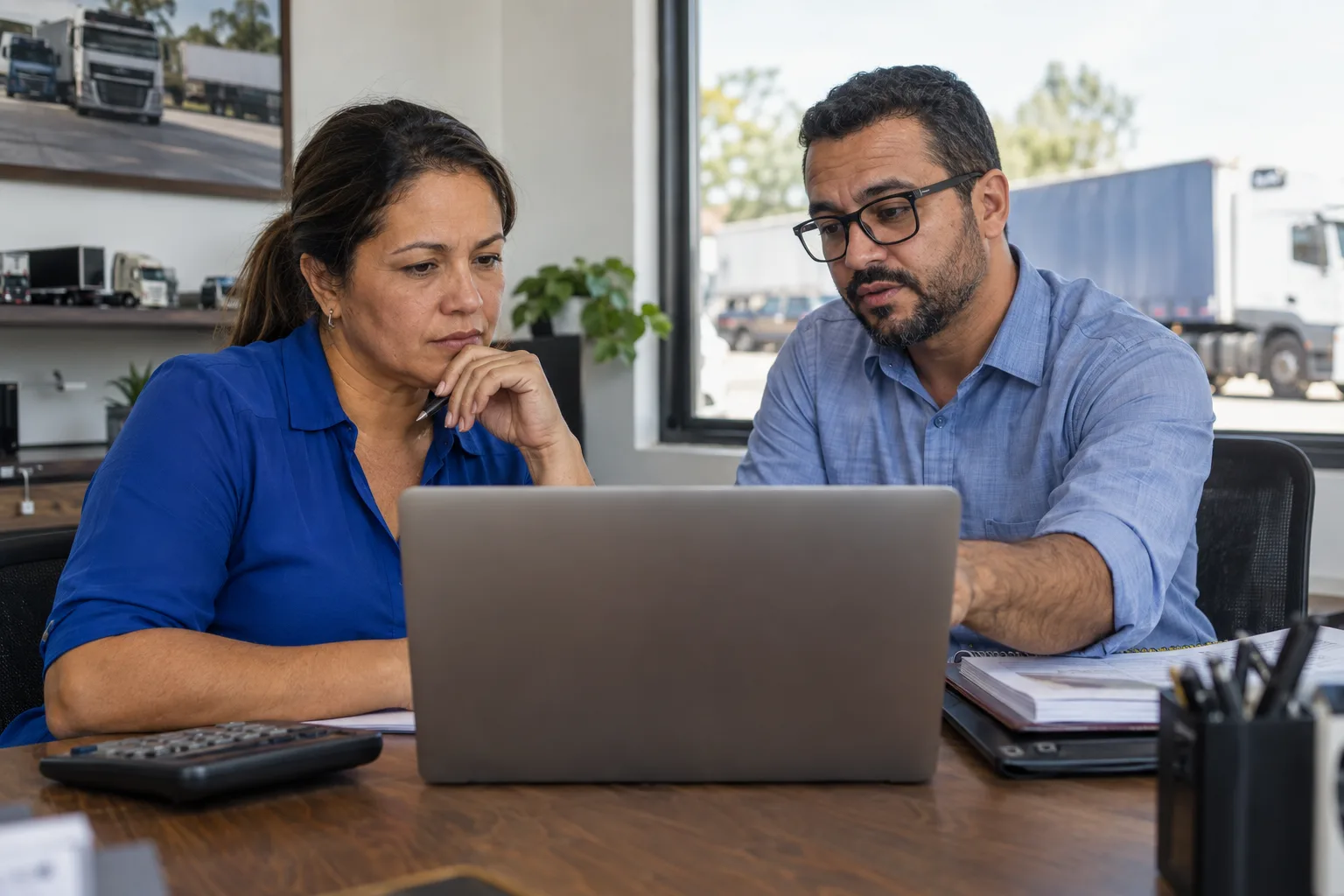 Dona de transportadora familiar revisa números no notebook com o contador num escritório simples