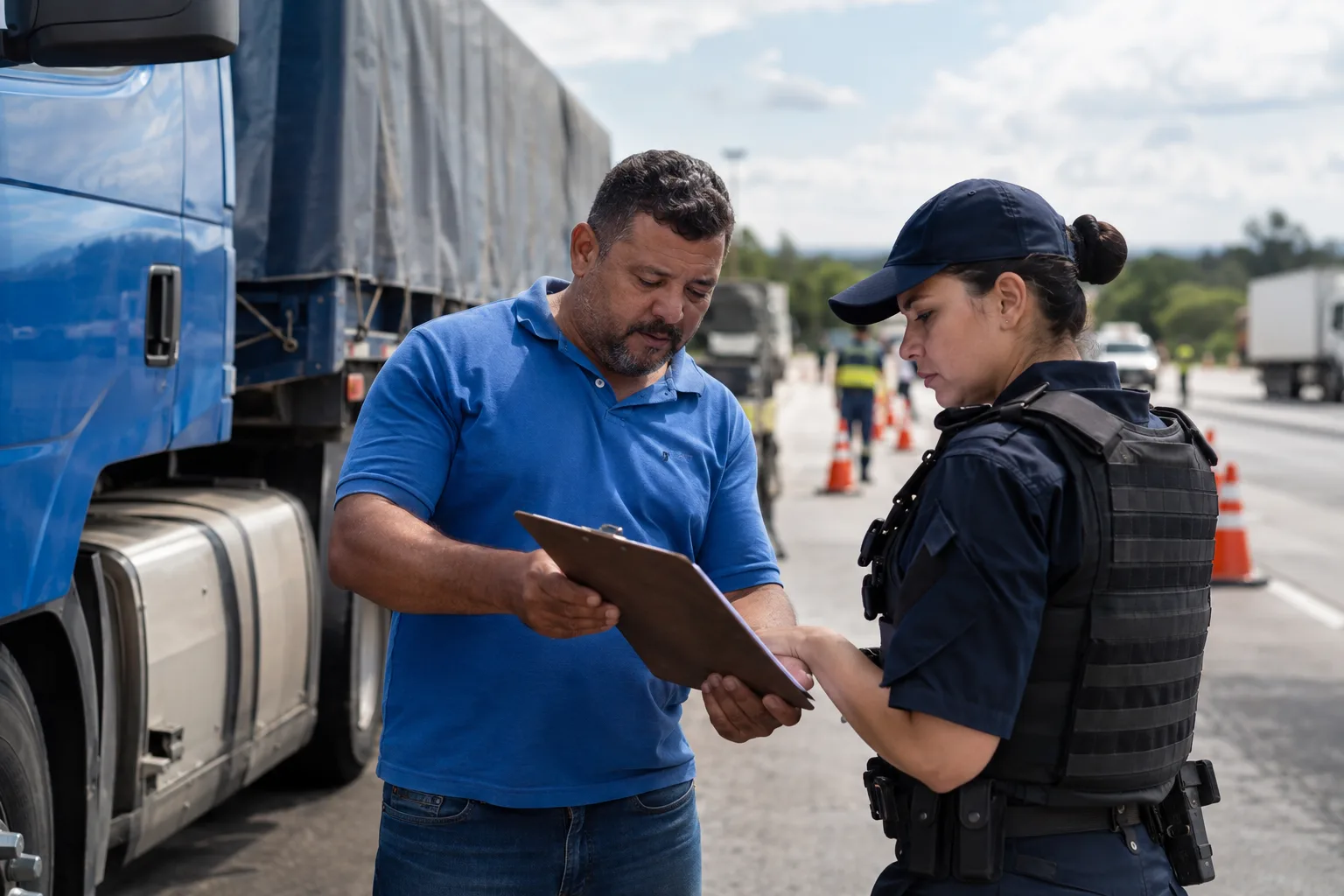 Motorista mostra um documento na prancheta a uma agente de fiscalização numa barreira na rodovia