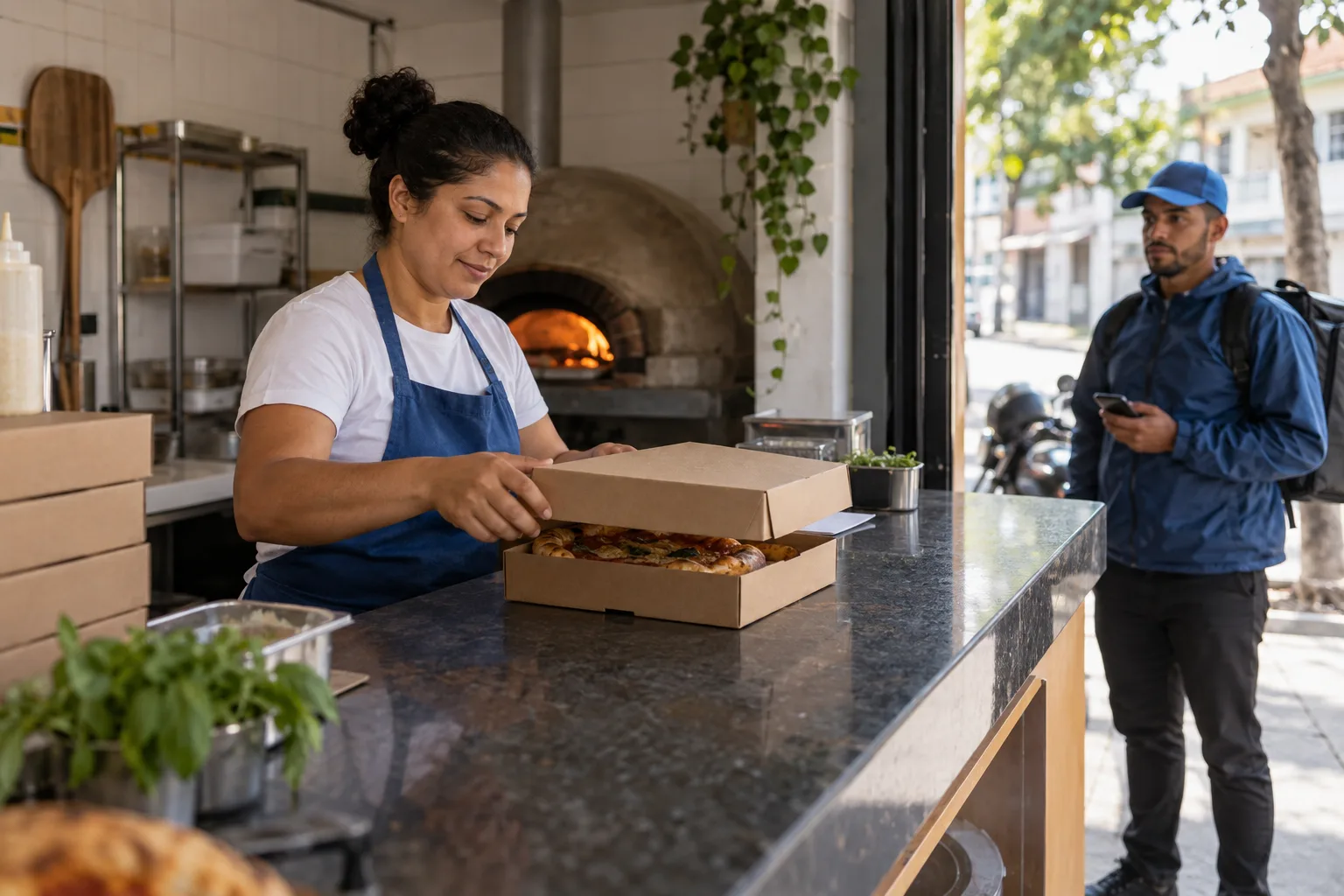 Dona de pizzaria fecha a caixa de uma pizza no balcão enquanto o entregador aguarda na porta