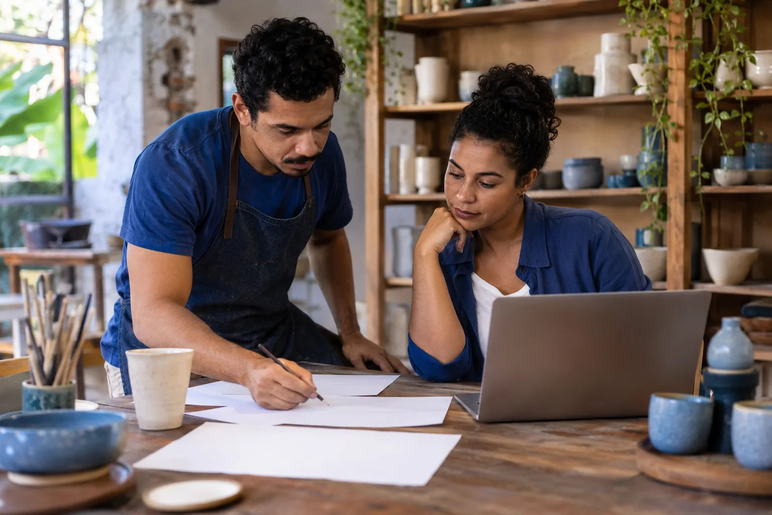 Casal de empreendedores discute planos com papéis e notebook na oficina