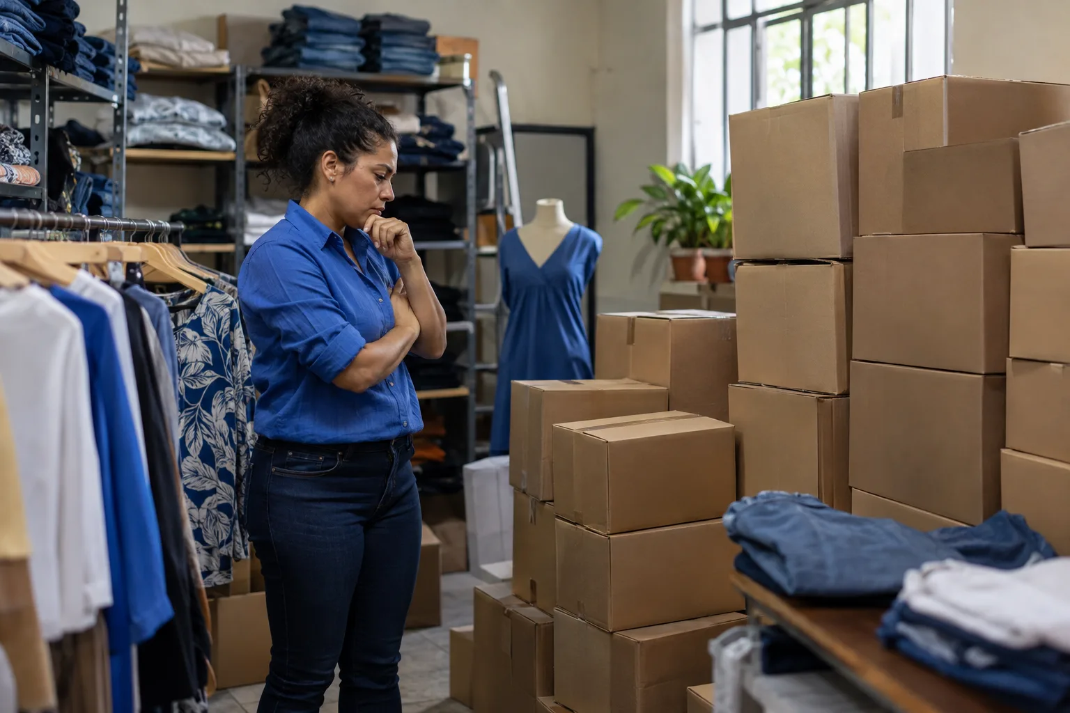 Dona de loja de roupas observa caixas de mercadoria parada no estoque