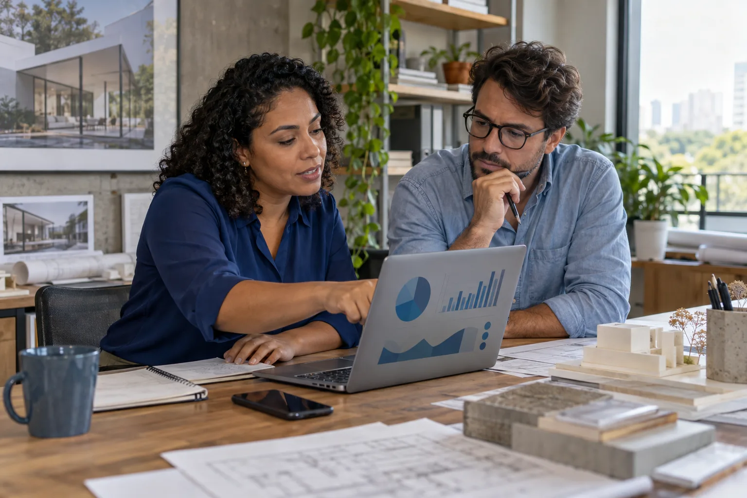 Dona de um escritório de arquitetura e o contador analisam gráficos de folha e receita no notebook