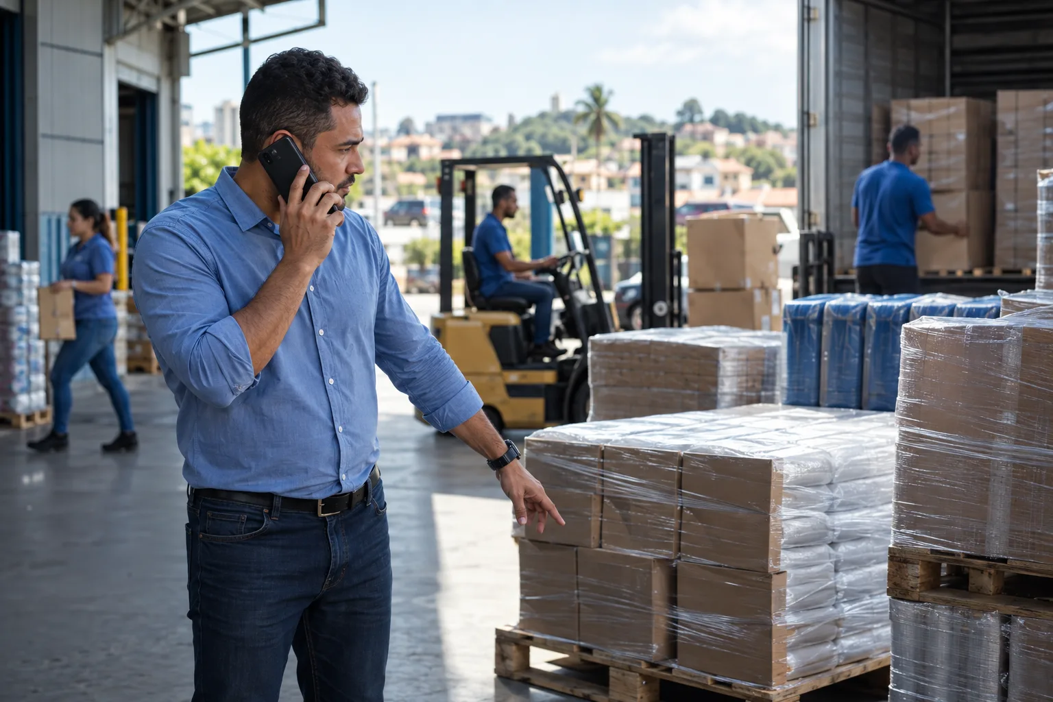 Vendedor de distribuidora fala ao telefone com cliente diante de paletes prontos para envio