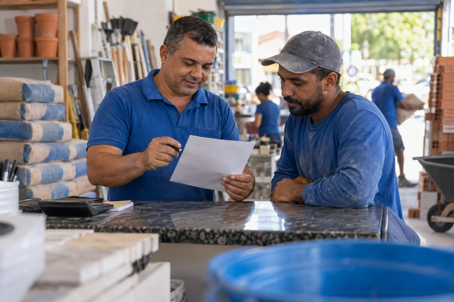 Dono de loja de materiais de construção revisa nota fiscal com cliente no balcão