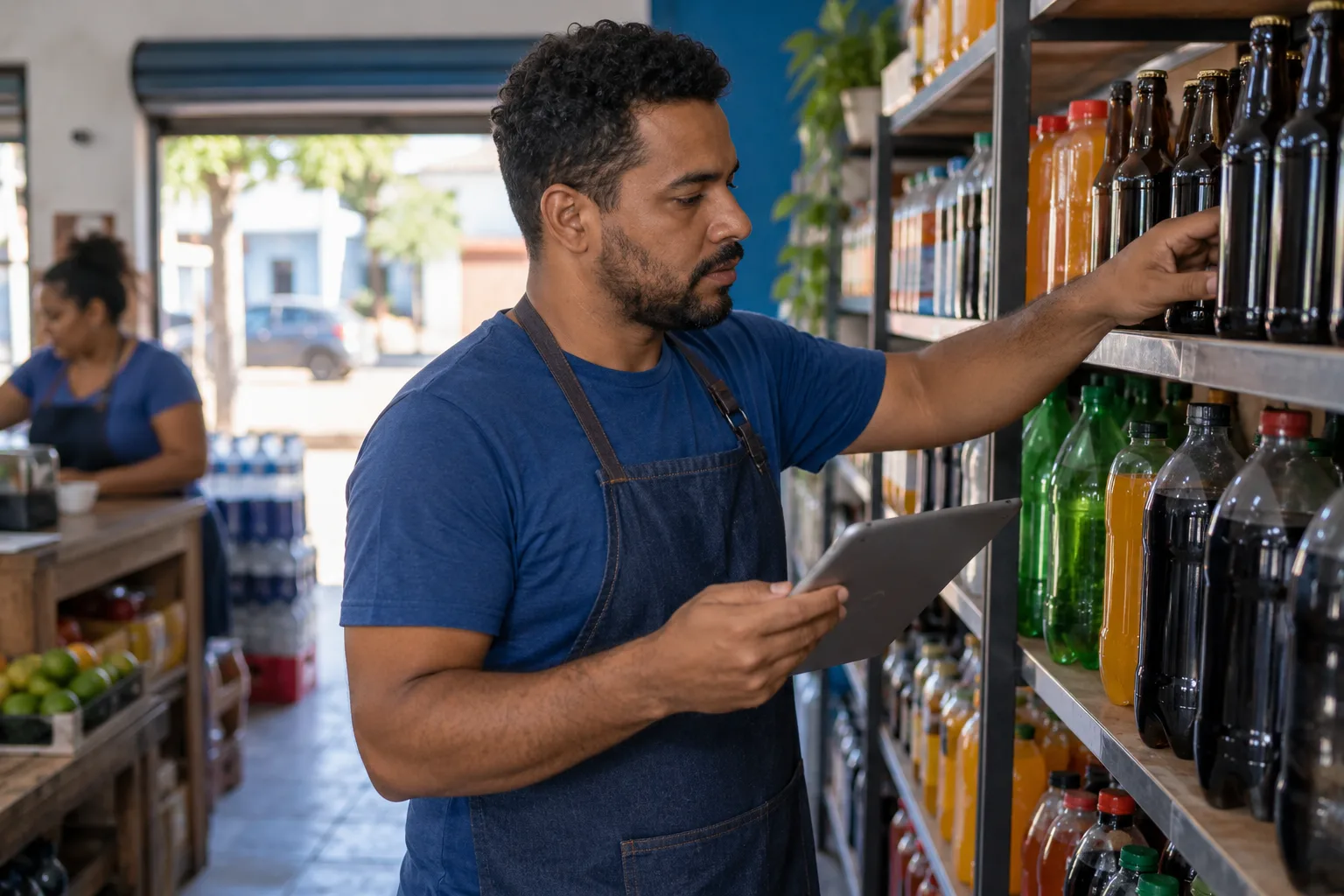 Dono de loja de bebidas arruma garrafas de refrigerante e cerveja na prateleira enquanto confere preços no tablet