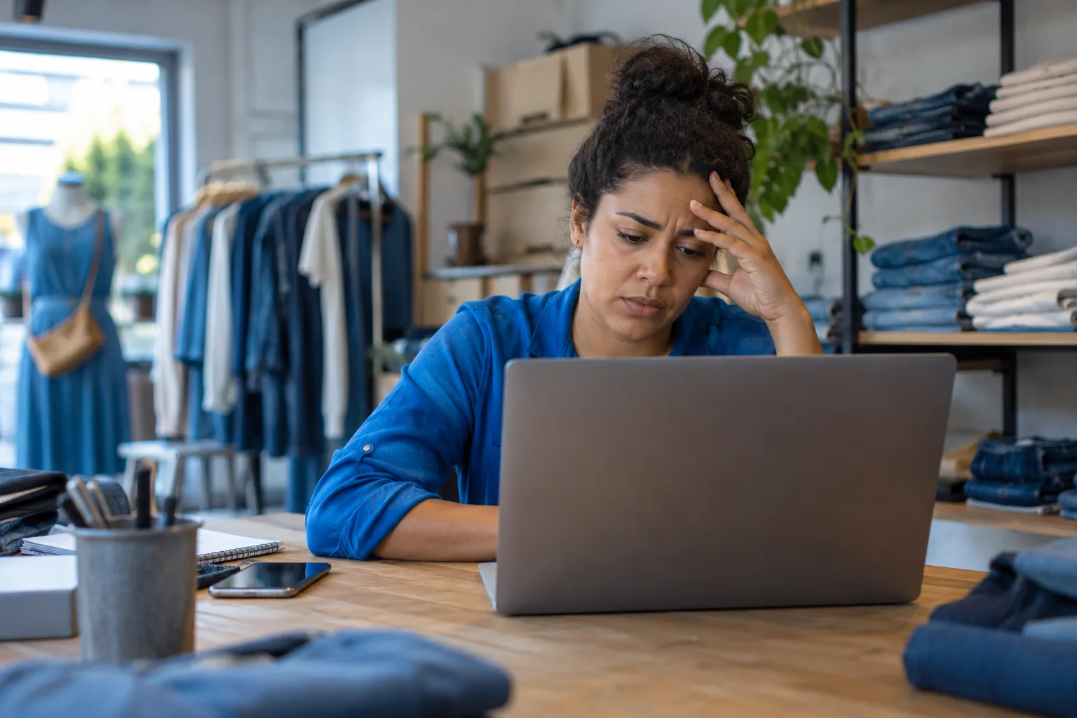Dona de loja de roupas preocupada lê um aviso no notebook no escritório dos fundos