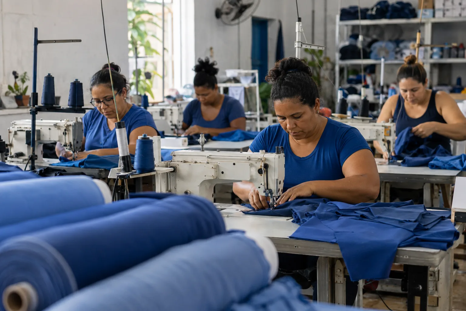 Costureiras de uma facção costuram tecido azul enviado por uma marca de roupas
