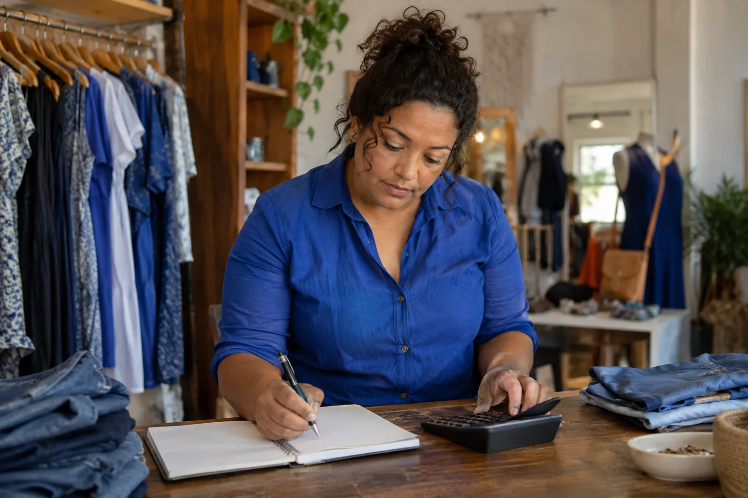 Dona de boutique confere vendas em caderno e calculadora no balcão