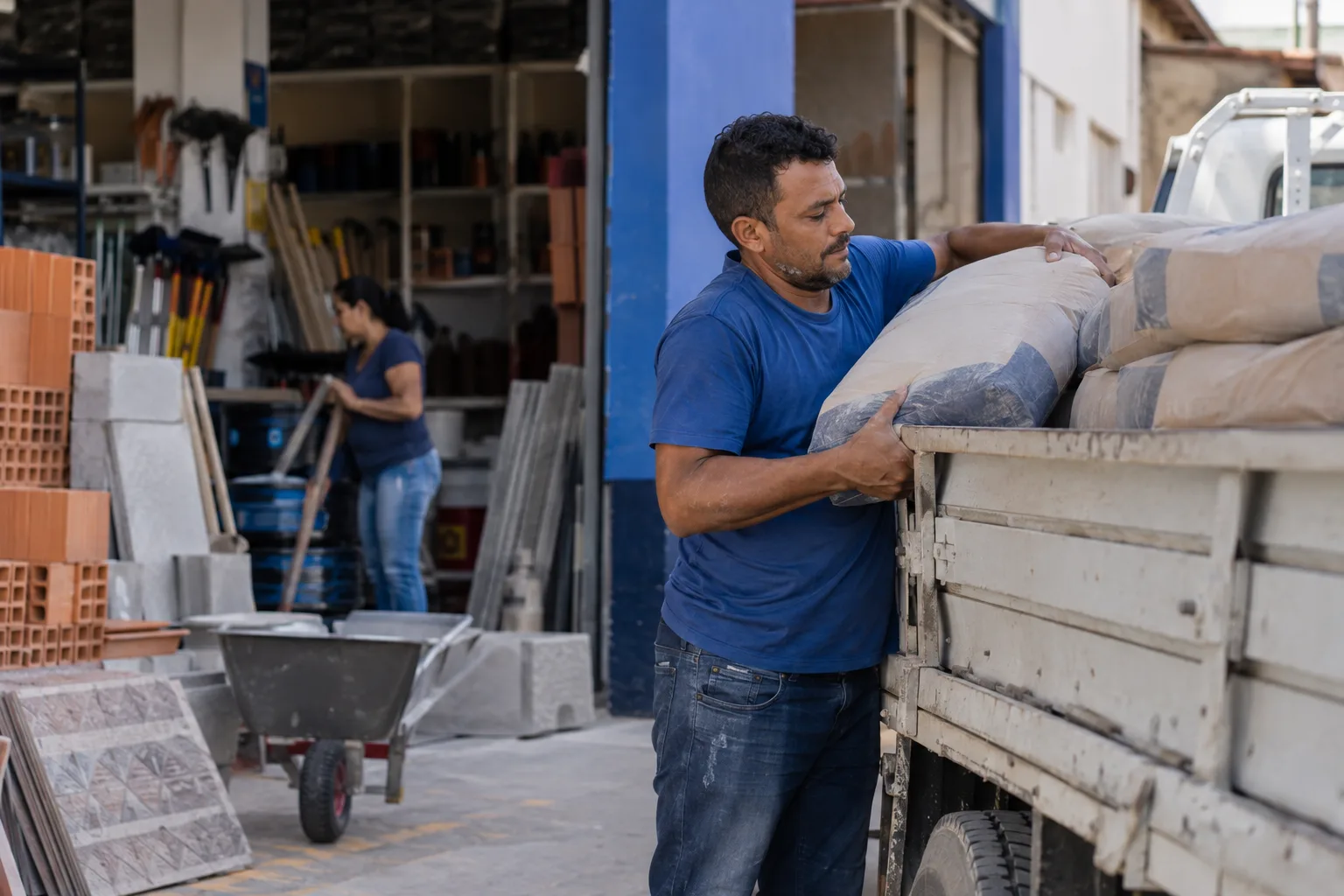 Dono de loja de materiais de construção carrega sacos de cimento no caminhão da própria empresa