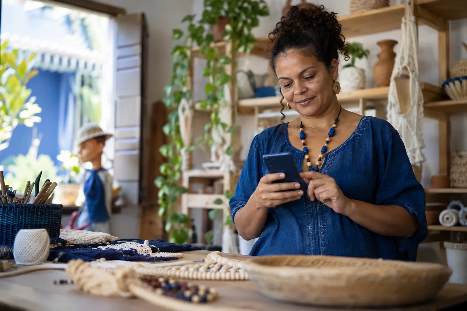 Microempreendedora emite nota fiscal pelo celular em seu ateliê de artesanato
