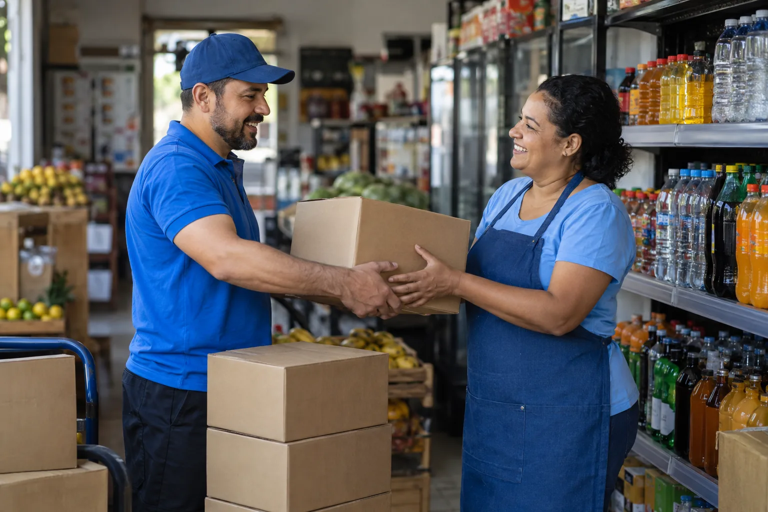 Representante de distribuidora entrega caixas extras de bonificação à dona de um mercado